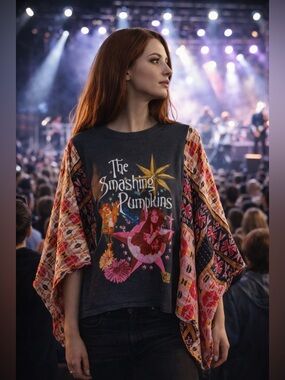 The Smashing Pumpkins Upcycled Kantha Sleeves Poncho Top OSFM OVERSIZED